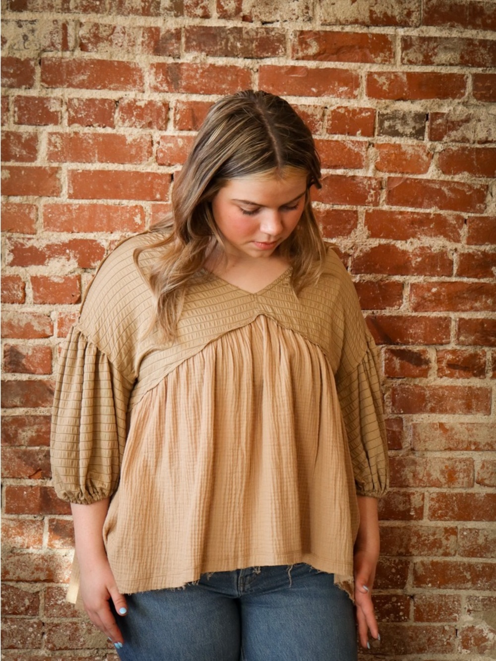 Tan Waffle-Knit Puff Sleeve Peasant Blouse